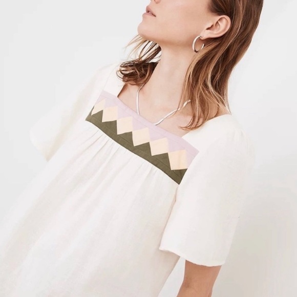 Madewell Patchwork Diamond Print Crinkle Gauze Peasant Top - M - Picture 3 of 16